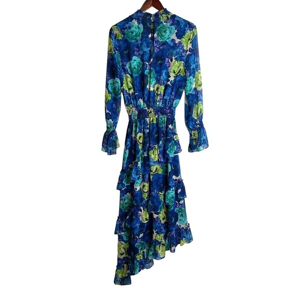 MISA Los Angeles Rania Chiffon Smock Neck Asymmetrical Midi Dress Blue Floral M - Picture 5 of 12